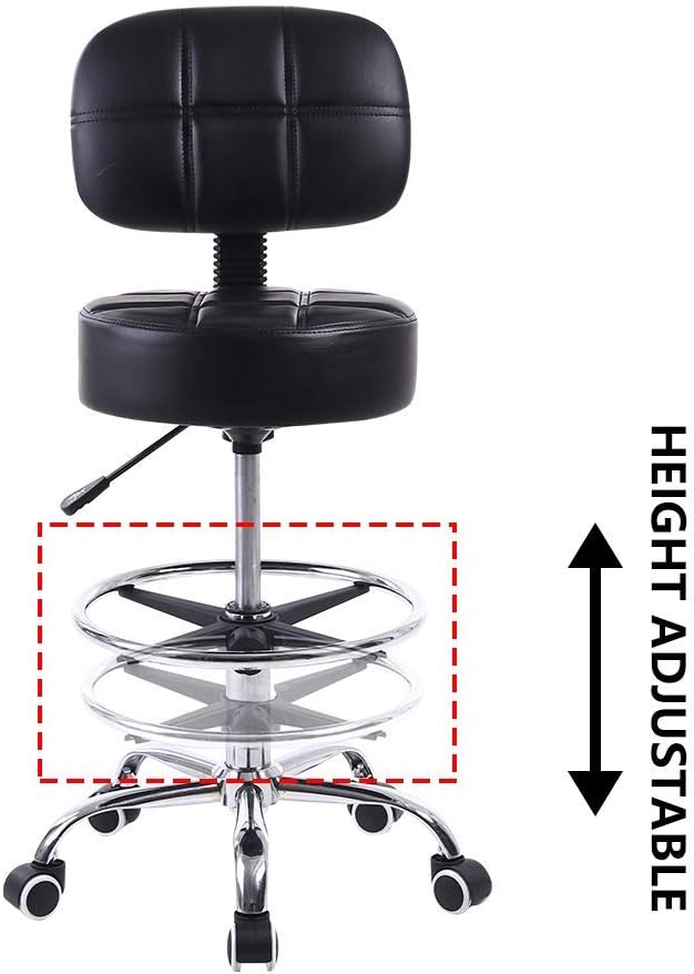 KKTONER Swivel Round Rolling Stool PU Leather with Adjustable Foot Rest Height Adjustable Task Work Drafting Chair with Back (Black)