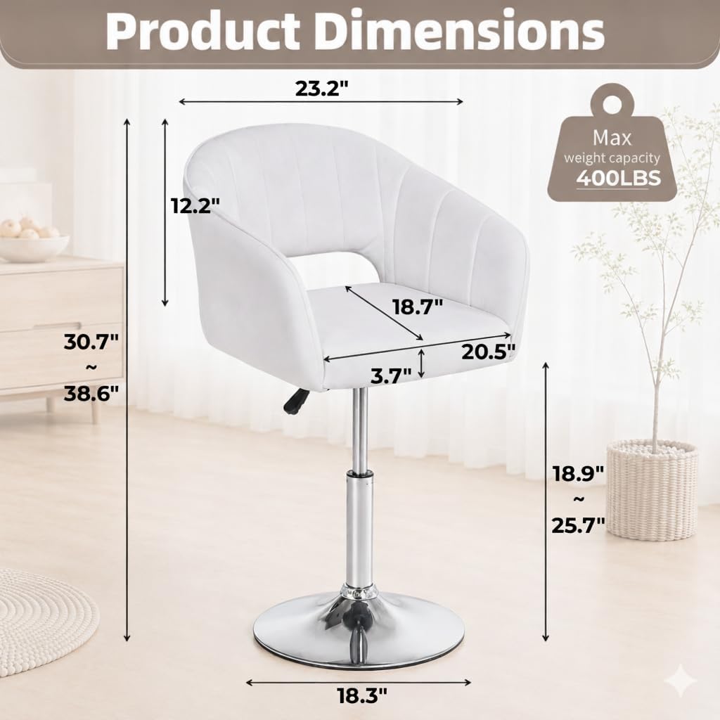 VECELO Large Wide Velvet Accent Chair, Adjustable Luxury Vanity & Dining Chair with Gold Barstool Base, 360°Swivel Upholstered Armchair for Living Room, Bedroom, Home Office, Pearl White