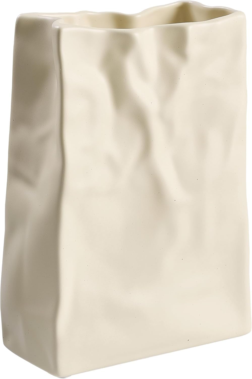 Relexome Paper Bag Vase Crinkle Wide Ceramic Flower Vase Cream White Boho Wabi-Sabi Vases, Cute Home Office Living Room Decor Aesthetic Unique Bookshelf Decorative, Bouquet Gifts for Women Girl 8 Inch