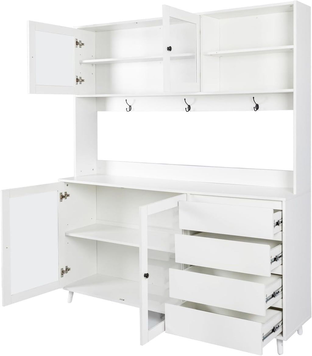 74.8" Tall Kitchen Pantry Storage Cabinet, Modern Food Pantry Cabinet with Microwave Stand Wooden Kitchen Hutch Cabinet with 4 Doors, 4 Drawers and 3 Hooks for Dining Room, White