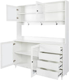 74.8" Tall Kitchen Pantry Storage Cabinet, Modern Food Pantry Cabinet with Microwave Stand Wooden Kitchen Hutch Cabinet with 4 Doors, 4 Drawers and 3 Hooks for Dining Room, White