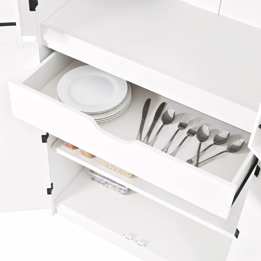 72" Tall Farmhouse Kitchen Pantry Cabinet, Curved Storage Cabinet with 3 Adjustable Shelves, 8 Door Shelves & Hidden Drawer for Kitchen Dining Bathroom (White)