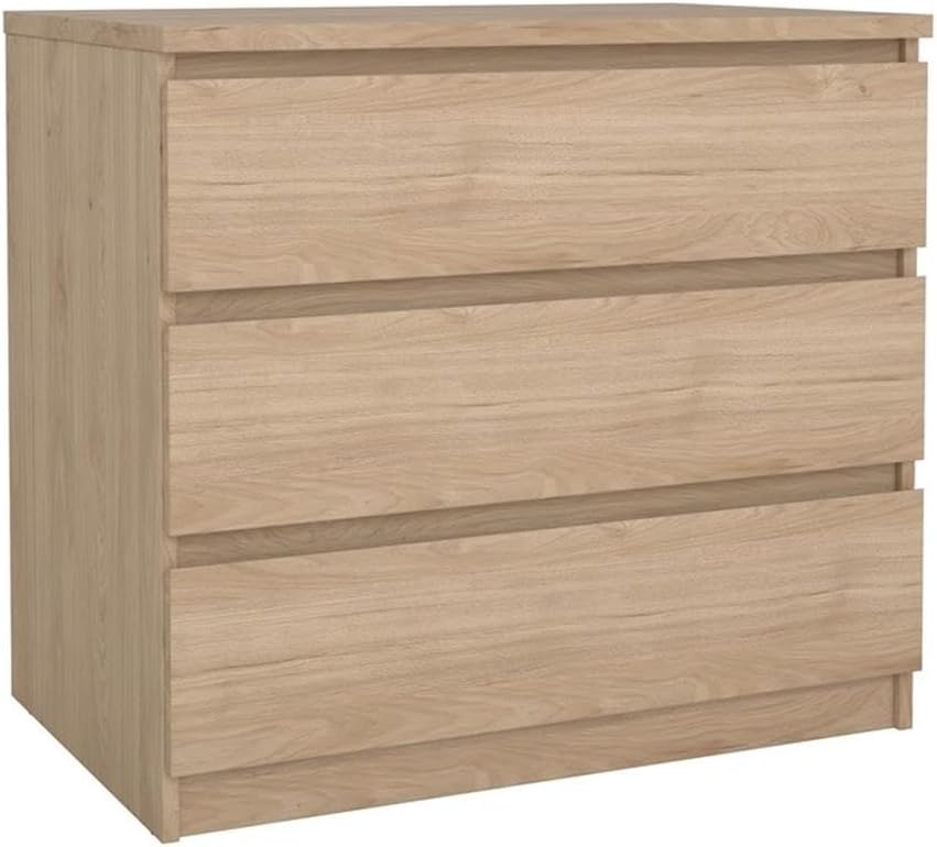 Pemberly Row Contemporary 3-Drawer Chest, Engineered Wood, Jackson Hickory Finish, Compact Design, Handle-Free Drawers, Smooth Metal Glides, Dorm or Small Living Space Storage Solution