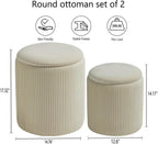 BLEXA Round Set of 2 Ottoman with Storage-Upholstered Velvet Vanity Stool for Makeup Multifunctional Ottomans Coffee Table Padded Seat Foot Rest for Living Room&Bedroom(White)
