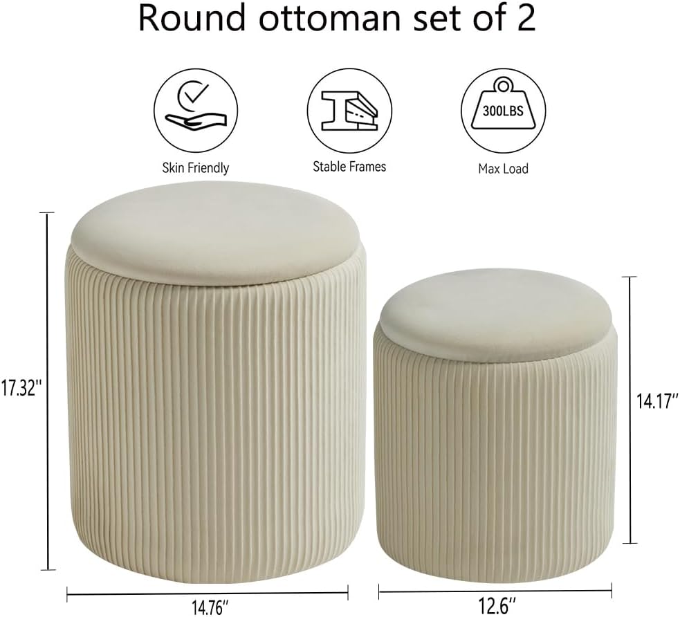 BLEXA Round Set of 2 Ottoman with Storage-Upholstered Velvet Vanity Stool for Makeup Multifunctional Ottomans Coffee Table Padded Seat Foot Rest for Living Room&Bedroom(White)