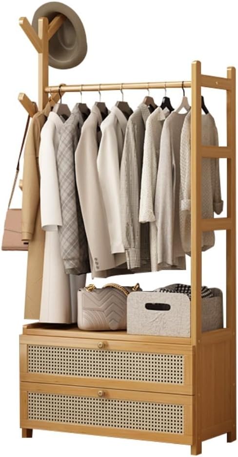 Wooden Coat Stand - Portable Freestanding Garment Rack with Hooks, Storage Shelves & Shoe Bench for Bedroom, Hallway, Entryway - Stylish Open Wardrobe Solution