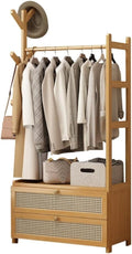 Wooden Coat Stand - Portable Freestanding Garment Rack with Hooks, Storage Shelves & Shoe Bench for Bedroom, Hallway, Entryway - Stylish Open Wardrobe Solution