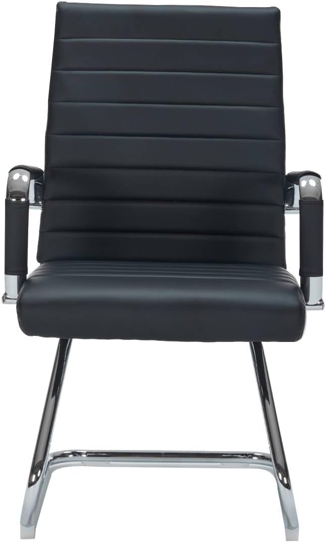 Black Waiting Room Guest Chair No Wheels, Leather Conference Room Reception Chair with Back Support, Ergonomic Desk Chairs with Sled Base, Set of 2, Black.