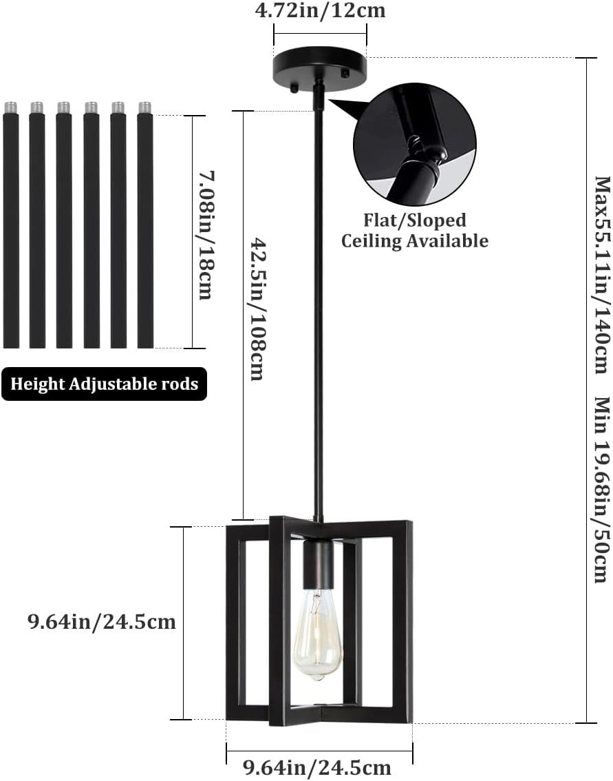 Modern Pendant Lighting for Kitchen Island 1-Light Farmhouse Black Light Fixtures Hanging Adjustable Small Square Chandeliers Ceiling for Dining Room Entryway Hallway