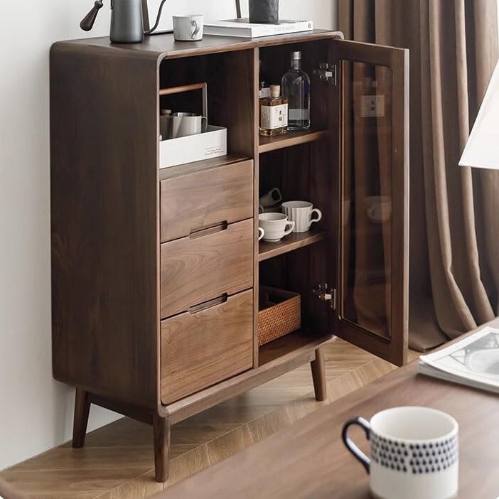 Sideboard Buffet Cabinet Black Walnut Sideboard Wine Cabinet Dining Side Glass Door Storage Furniture Living Room Entrance Decoration
