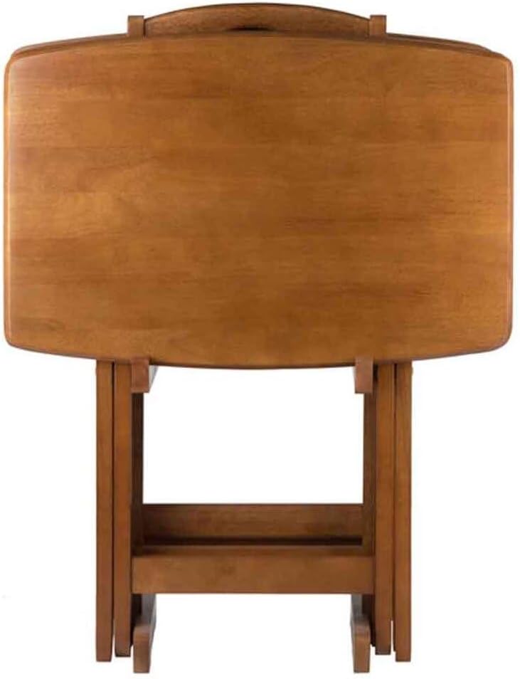 HomeStock Renaissance Romance 5-Piece Oversize Snack Table Set with Solid Teak Finish, Curved Sides, Rounded Corners, and Sturdy Stand, 23.6" W x 15.75" D x 25.5" H Teak