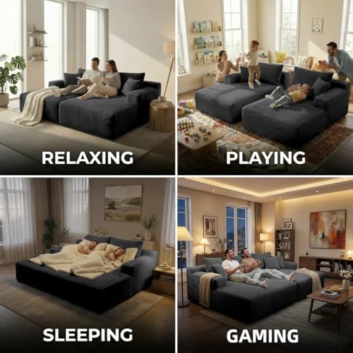 Sytopia Loveseat Chaise Lounge with Armrests, Oversized Sofa Bed with 4 Pillows, Cozy Boneless Sleeper, Modular Sectional Couch for Living Room Bedroom, Floor Chair Furniture sala Corduroy