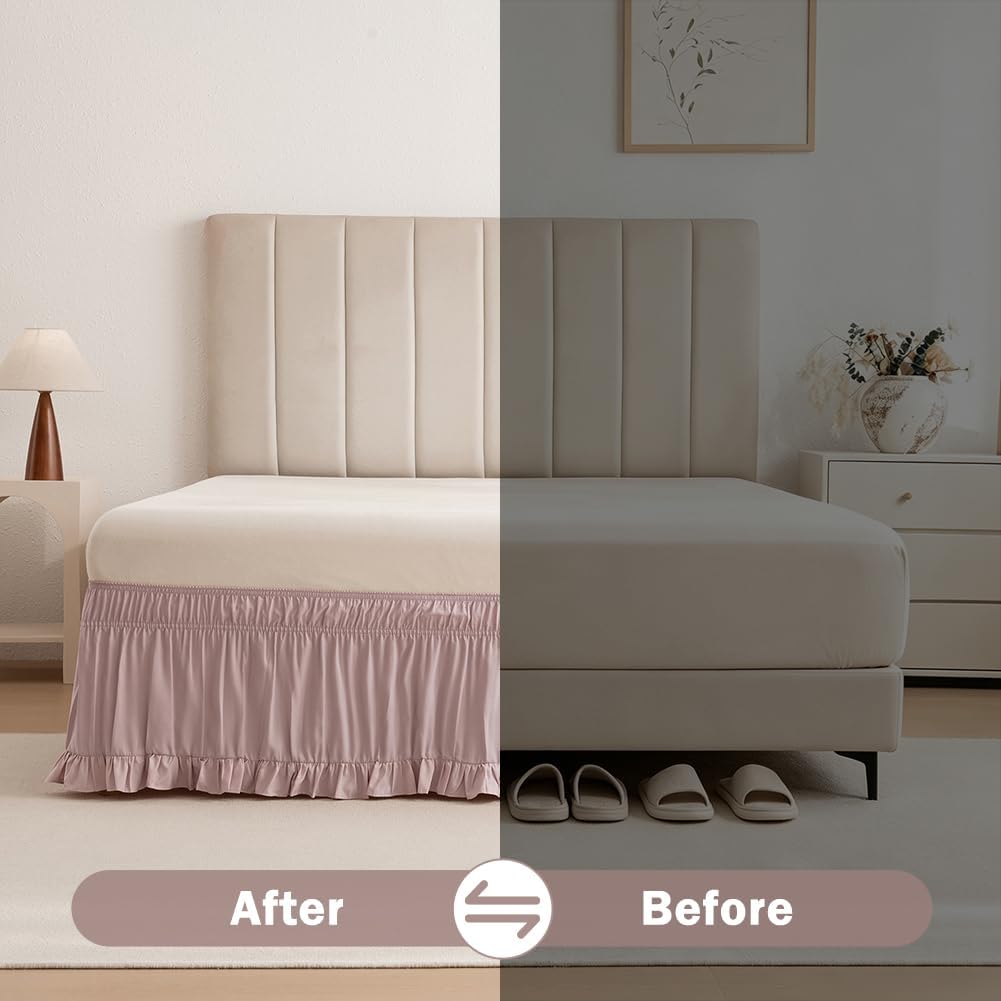 vctops Wrap Around Bed Skirt with 15 Inch Drop, Adjustable Elastic Dust Ruffled Bedding Skirt Fade Resistant Bedskirt, Easy to Install (Dusty Pink, Queen)