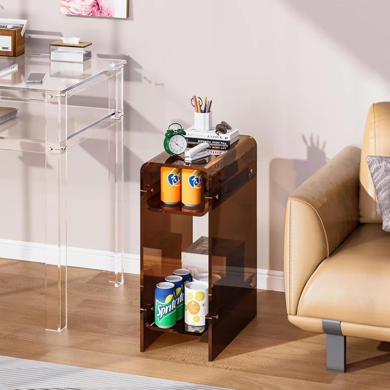 Acrylic End Table with Storage, Narrow Slim Side Table for Small Spaces Skinny nightstand Bedside Table for Bedroom, Living Room, Office (Brown)