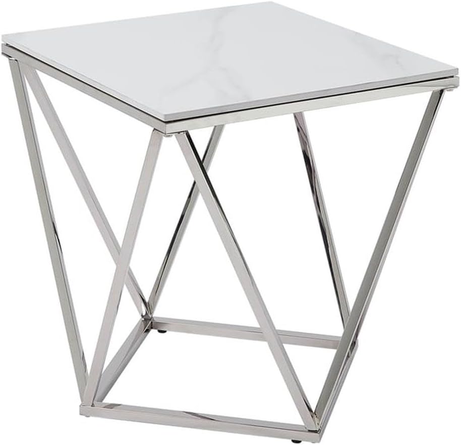 Pemberly Row Contemporary End Table, Stainless Steel Frame, Silver Finish, White Sintered Stone Top, Geometric Design, Modern Small Accent Table for Living Room or Decor Use
