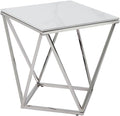 Pemberly Row Contemporary End Table, Stainless Steel Frame, Silver Finish, White Sintered Stone Top, Geometric Design, Modern Small Accent Table for Living Room or Decor Use