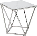 Pemberly Row Contemporary End Table, Stainless Steel Frame, Silver Finish, White Sintered Stone Top, Geometric Design, Modern Small Accent Table for Living Room or Decor Use