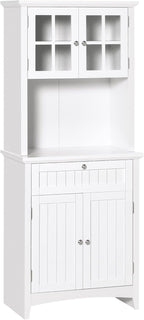 Elegant Buffet with Hutch, Kitchen Pantry Storage Cabinet with Framed Glass Door Drawer and Microwave Space, White,15.8 * 27 * 64.5