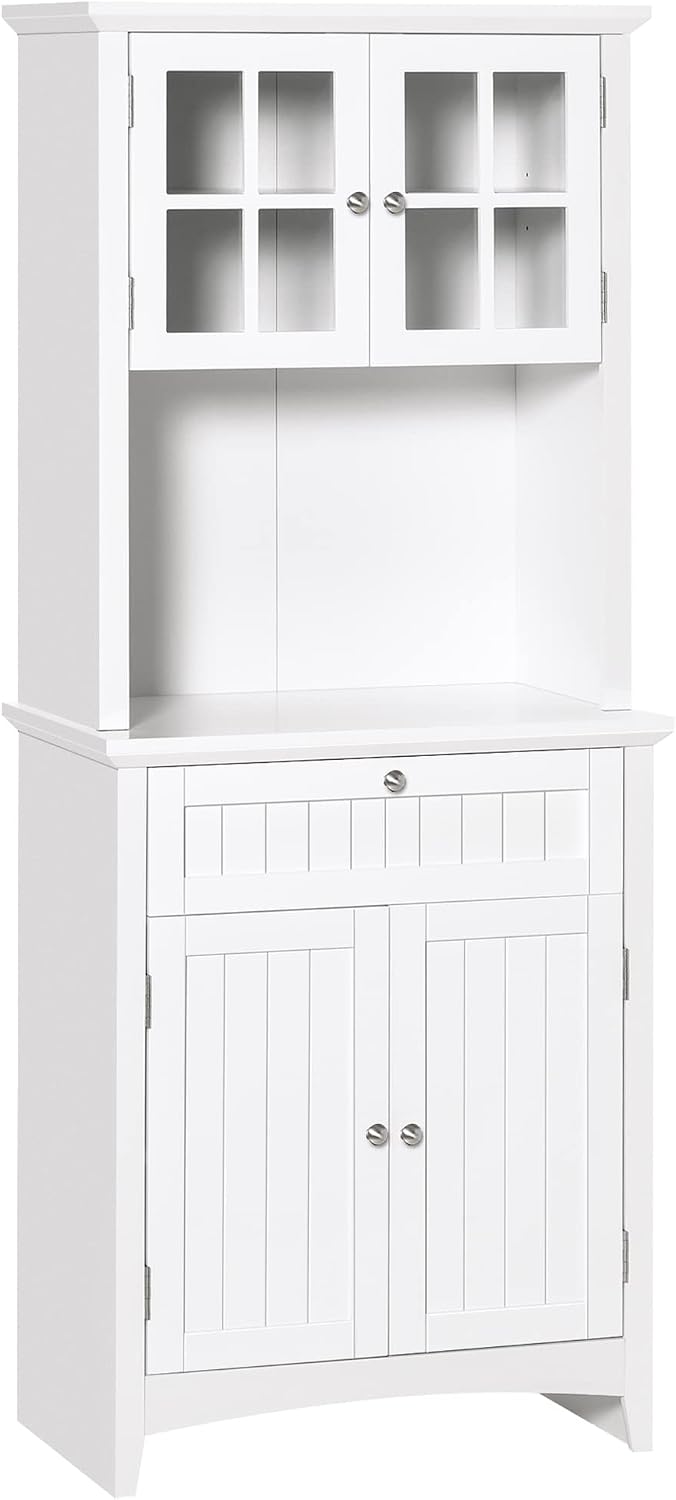 Modern Kitchen Pantry, White Storage Buffet Cabinet with Framed Glass Door Drawer and Microwave Space, Hutch, Easy to Maintain, for Dining Room