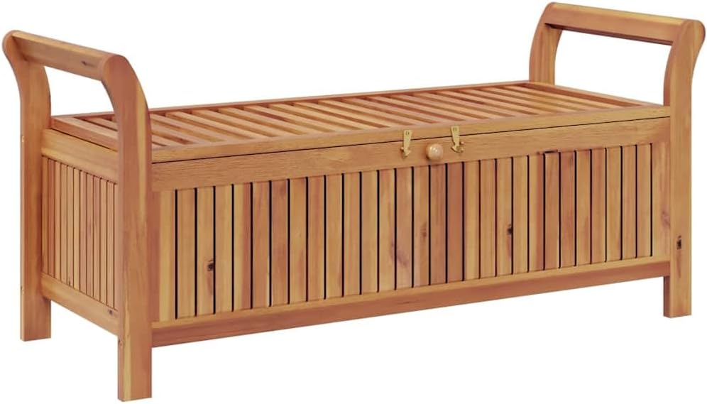 Outdoor Storage Bench with Cream Cushion, 49.6 Inch Acacia Wood Garden Seating with Under Seat Storage, Weather-Resistant Patio Entryway Furniture for Backyard Deck