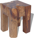 Solid Teak Wood Stool, Square Rustic End Table for Living Room Bedroom, Sturdy Compact Footrest Seat, 15.7 inch Height, Brown