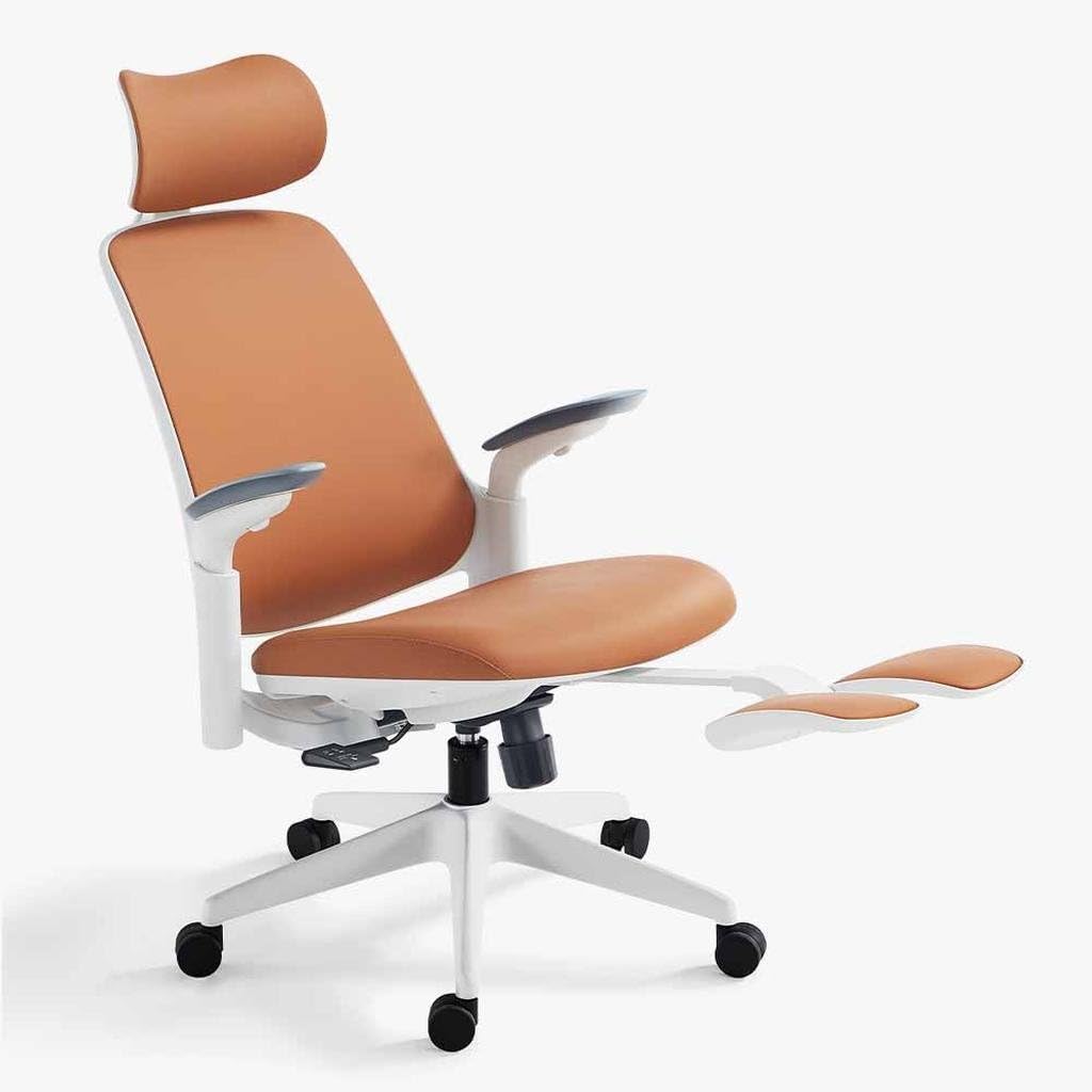 Sunaofe Boss Pro Leather Ergonomic Office Chair with Footrest - Executive Chair, 4D Armrests, Adaptive Lumbar, 125° Recline, 300lb Capacity, 5-Year Warranty White Frame/Brown