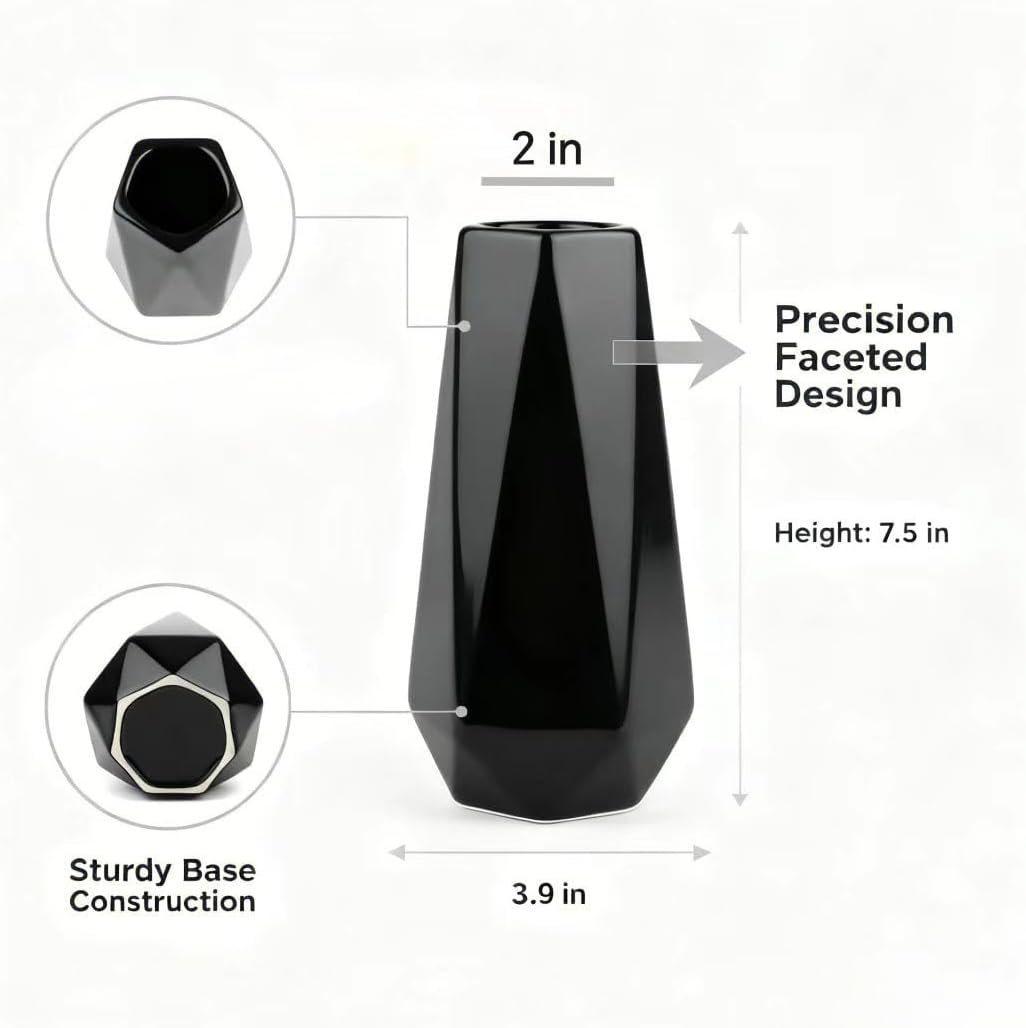 Modern Black Ceramic Vase, 7.5 Inch Geometric Flower vases, Minimalist Design for Table Shelf Centerpiece Home Decor Fit for Housewarming, Weddings, Birthday,Christmas