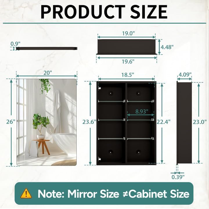 Black Medicine Cabinet with Mirror for Bathroom: 20 x 26 Inch Small Mirrored Vanity Storage with Adjustable Shelves - Surface or Recessed Wall Mount - Matte Black Frame