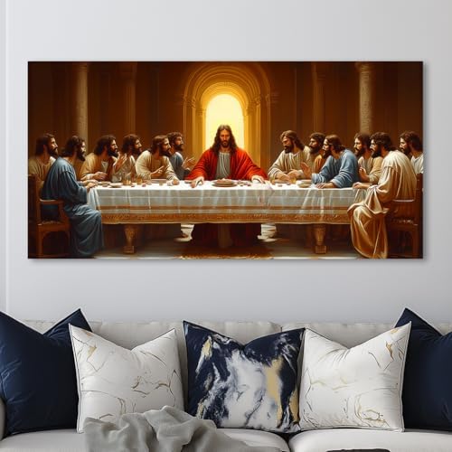 ZOMNAI The Last Supper Jesus Wall Art for Living Room Office Gold Canvas Painting Prints Classical Artwork Kitchen Bedroom Decor (20x40 Inches)