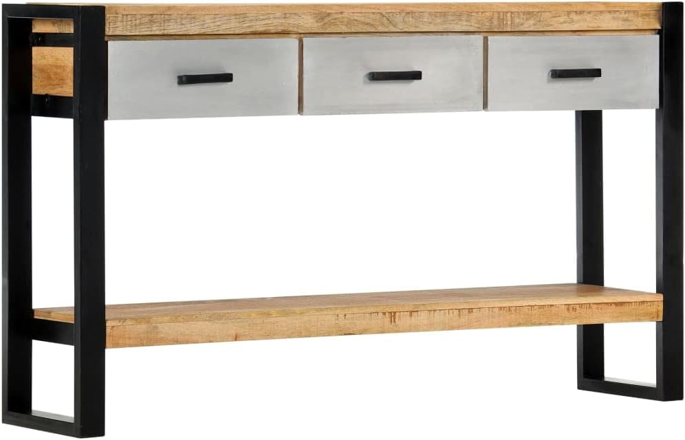 3 Drawer Console Table for Living Room, Brown Console Table with 3 Drawers, Black Iron Legs Grey