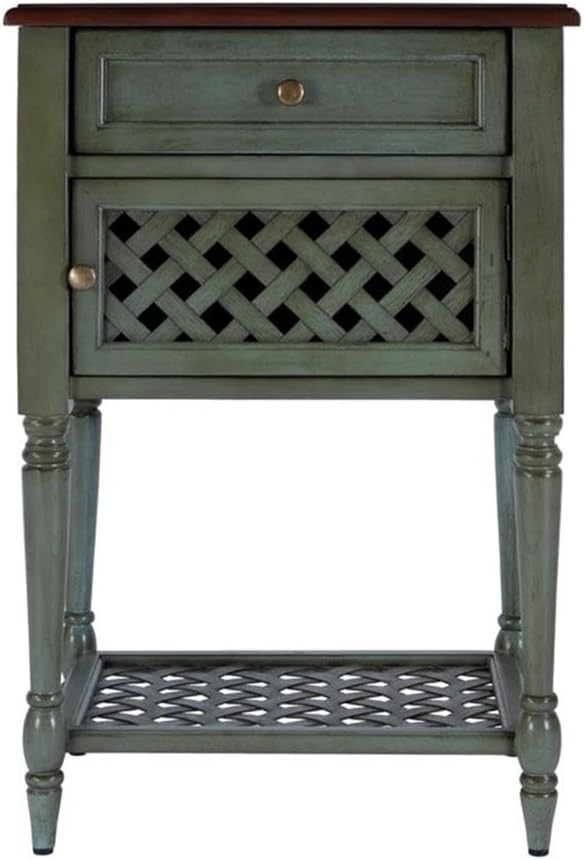 Beaumont Lane Rustic Wood End Table, 20" W x 16" D x 30.5" H, Mahogany Wood Solids & Veneer, Green Paint and Mahogany Finish, Drawer & Cabinet Storage, Antique Brass Pulls, Living Room Furniture