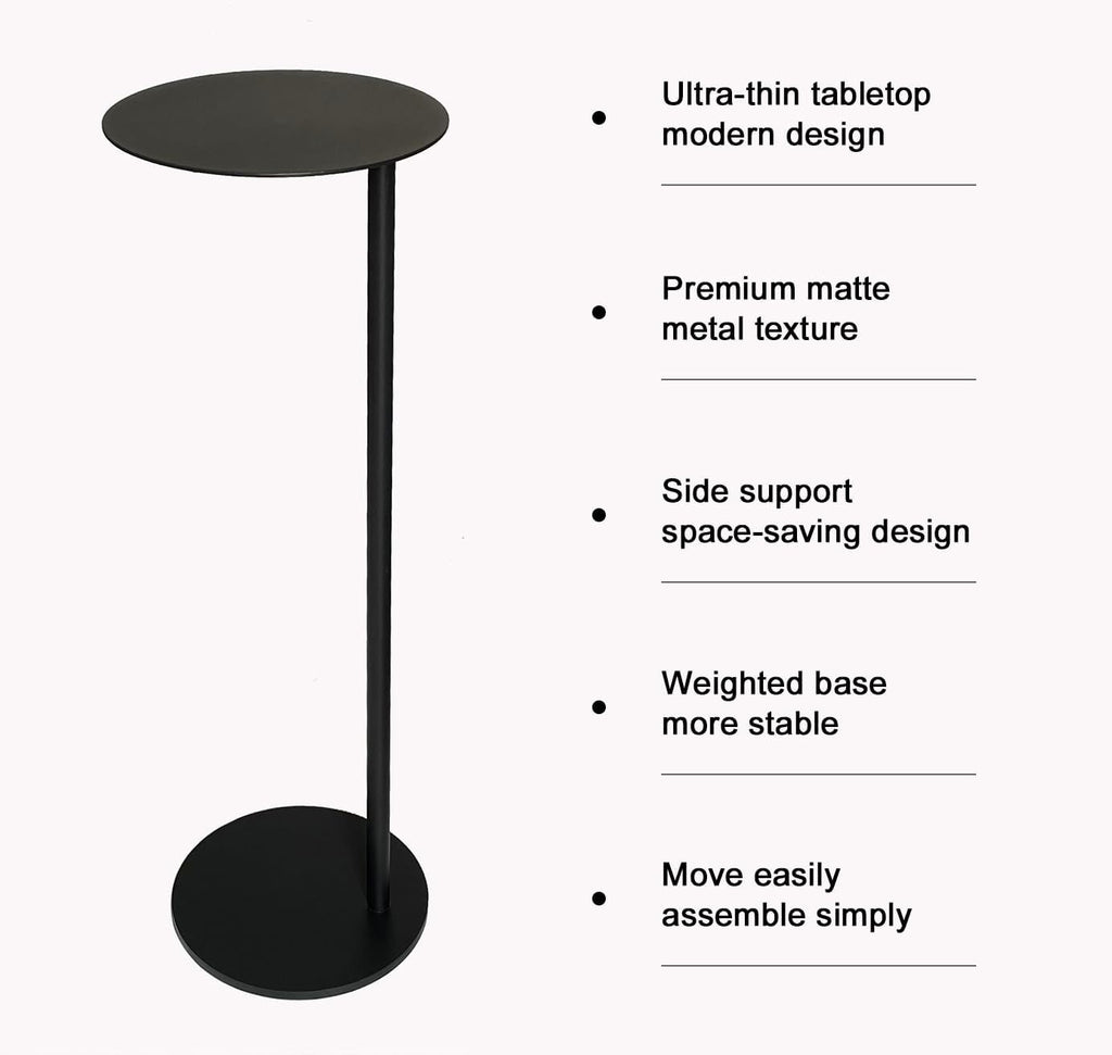 Premium Round Mini Side Table, C Shaped End Table, Drink Table, Small Pedestal Side Table with Upgraded Weighted Metal Base, for Livingroom, Bedroom, Bathroom, Balcony, Small Spaces (Black)