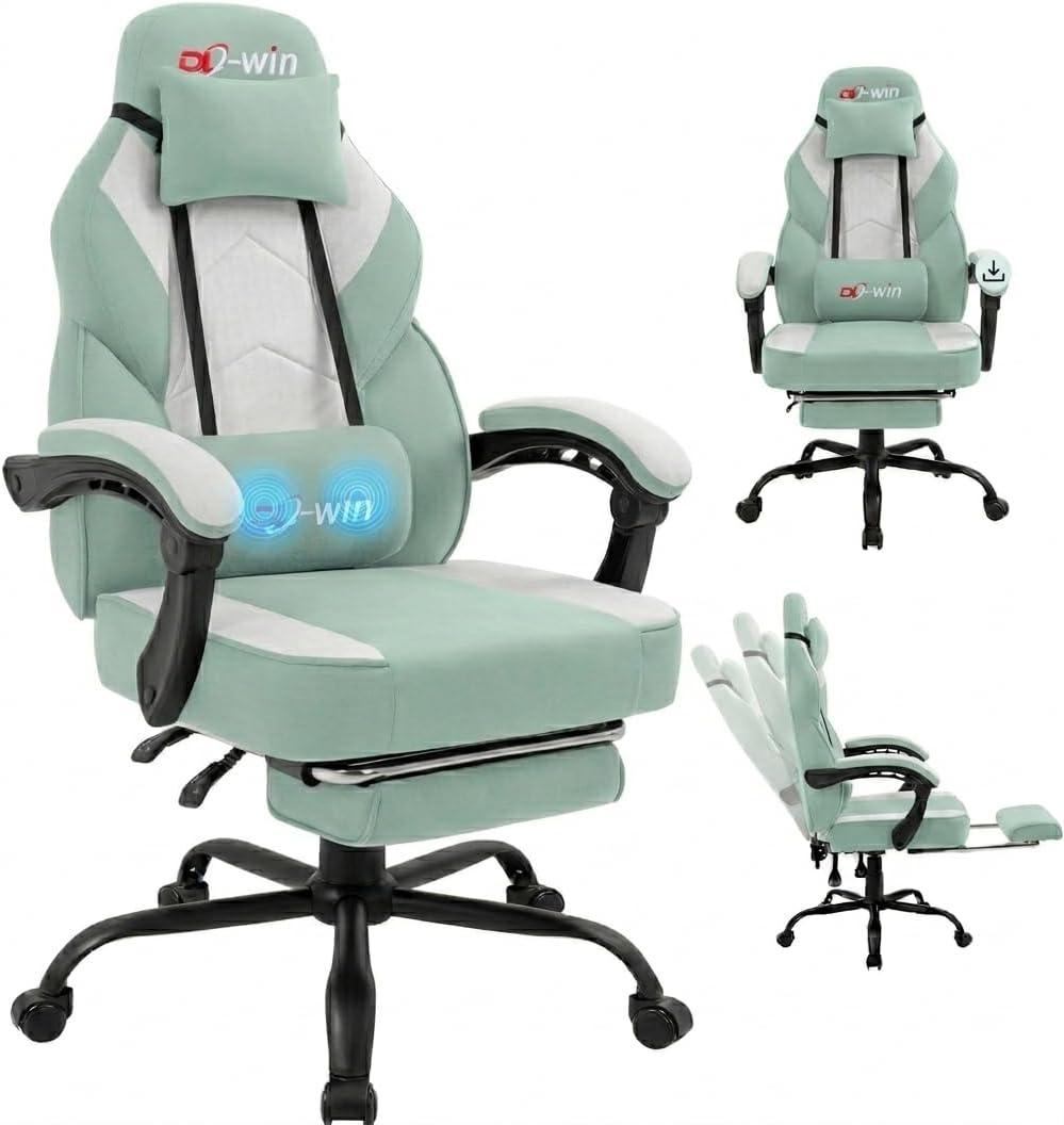 Shintenchi Big and Tall Gaming Chair Fabric Pocket Spring Cushion,High Back Recliner with Footrest and Headrest for Adults, Massage Lumbar Support for Home Office, Ergonomic Computer Desk Chair, Green