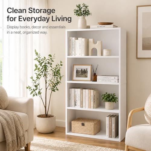 Simple Deluxe Industrial 4-Tier Shelf Bookcase - 9.2" D x 23.8" W x 42" H Tall Floor Standing Open Bookshelf for Home Office, Living Room, and Bedroom Storage, White
