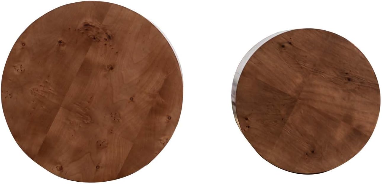 Nesting Coffee Table Set of 2, Modern Round Coffee Table and End Table Set, Brown Burl Center Table Circle Side Table for Living Room Bedroom Office