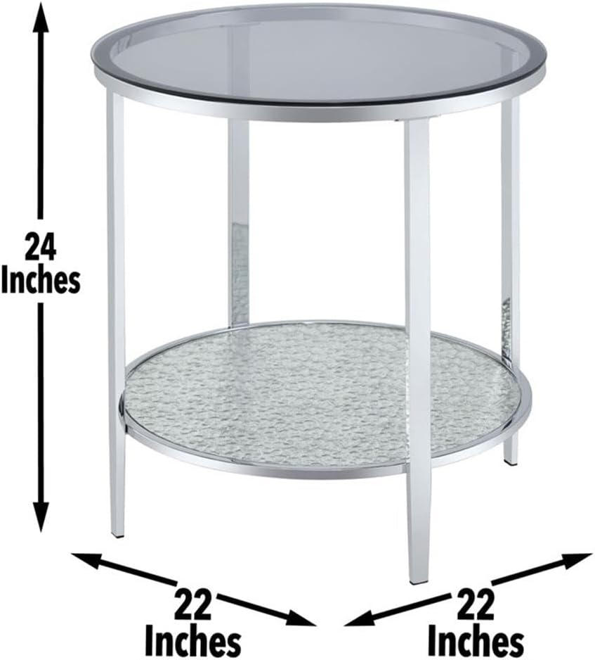 Pemberly Row Round Chrome and Tempered Glass End Table, Smoky Glass Top, Textured Mirrored Base, 22" W x 22" D x 24" H, Contemporary Style Side Table for Living Room or Bedroom Use