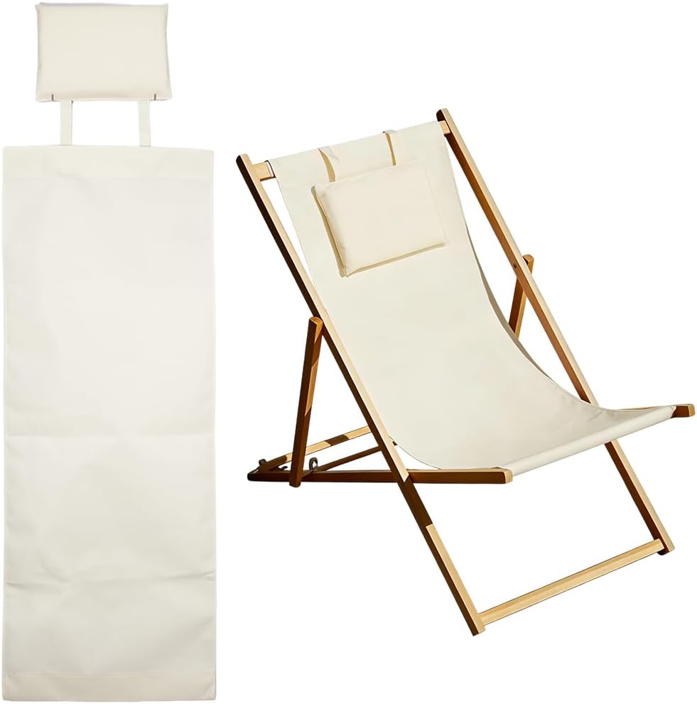 Beach Chair Replacement Cloth 146cmx43.2cm Lounge Chair Replacement Canvas Beige Sling Chairs Replacement Fabric with Pillow for Sunbathing Courtyard Garden Beach