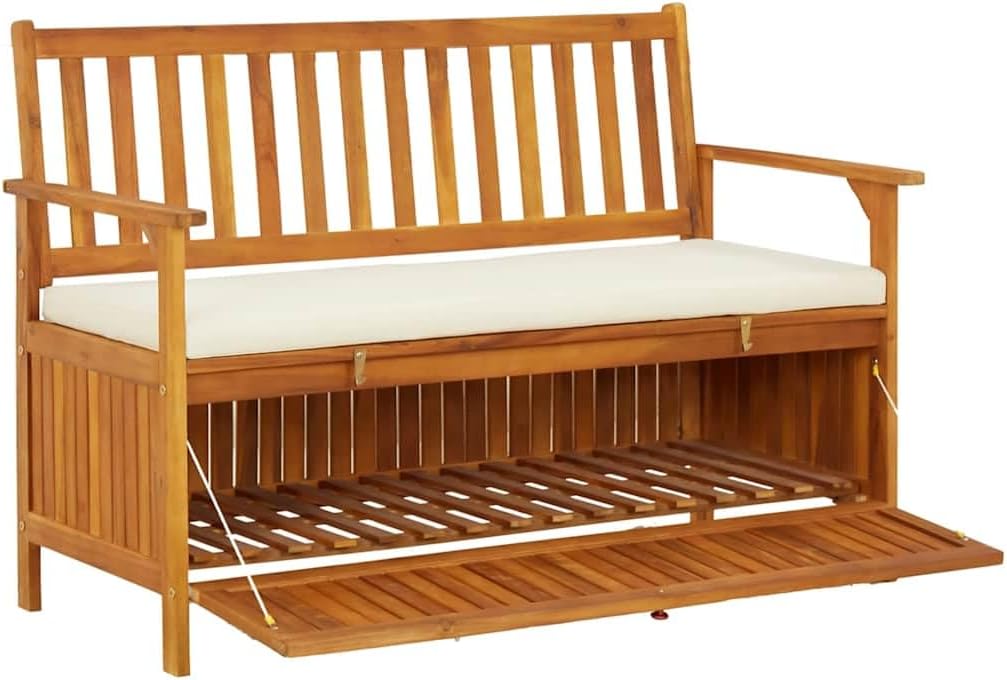 Patio Storage Bench Solid Acacia Wood Outdoor Garden Bench with Cushion, 47.2 Inch 2-Person Seating with Storage Chest for Hallway, Entryway, Backyard, Natural Brown Finish