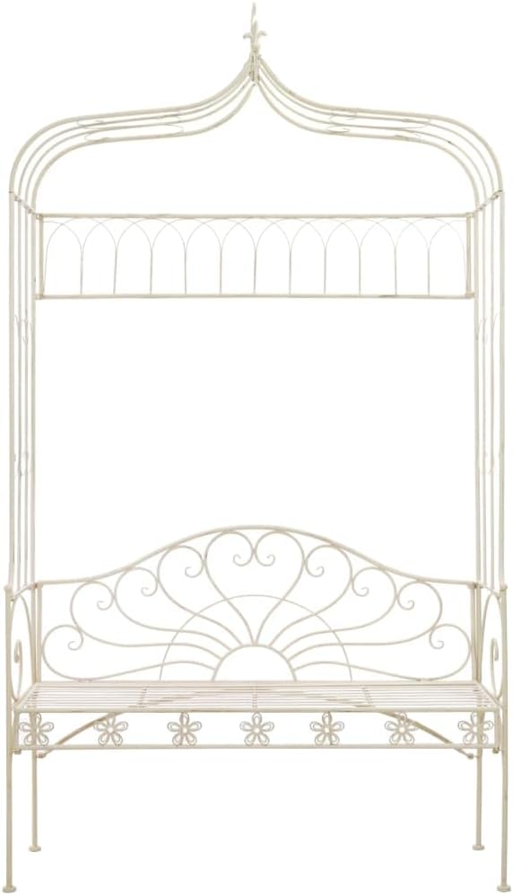 Wrought Iron Garden Bench 48 Inch Outdoor Seating for Patio Backyard Antique White Vintage Metal Bench for 2 People