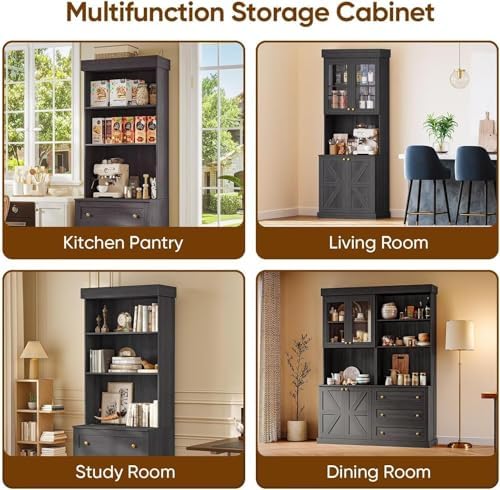71" Farmhouse Kitchen Pantry Cabinet Freestanding Coffee Bar with Glass Doors or Drawers, Microwave Stand, Large Storage Hutch with Adjustable Shelves for Kitchen and Living Room，Black 3pcs