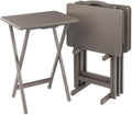 Pemberly Row Solid Wood 5-Pc Snack Table Set, Oyster Gray Finish, Rectangular Folding Tables with Storage Rack, Compact Design, 19.05 x 14.56 x 25.98 in, Durable Living Room or Home Use