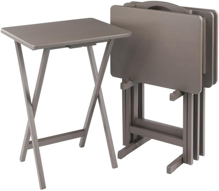 Pemberly Row Solid Wood 5-Pc Snack Table Set, Oyster Gray Finish, Rectangular Folding Tables with Storage Rack, Compact Design, 19.05 x 14.56 x 25.98 in, Durable Living Room or Home Use