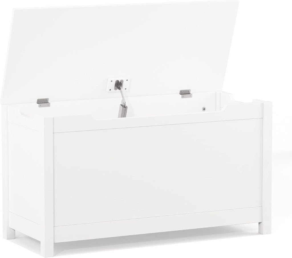 Kids Wooden Toy Chest with Safety Hinged Lid, 2.7 Cubic Feet Large Toy Box Storage Bench, Sturdy Toy Box for Living Room Bedroom, Suitable for Ages 3+ (White, MDF)