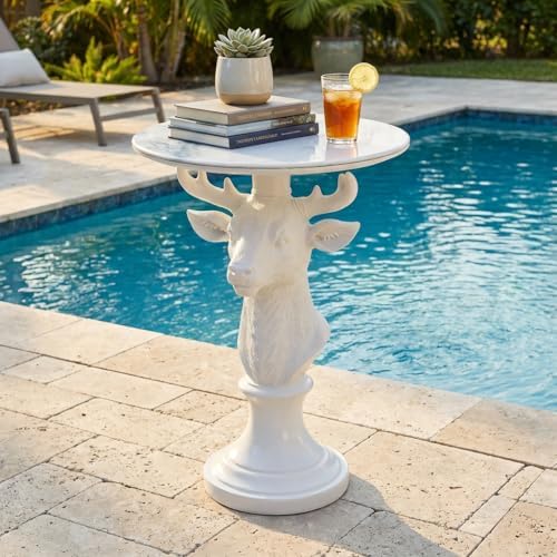 Modern Accent TableLiving Room White Deer Statue Contemporary‌ Faux Marble Night Stand Side Table with White Deer Base Reception Area & Bedroom（Width 19.69" ——Tall 25.59"）