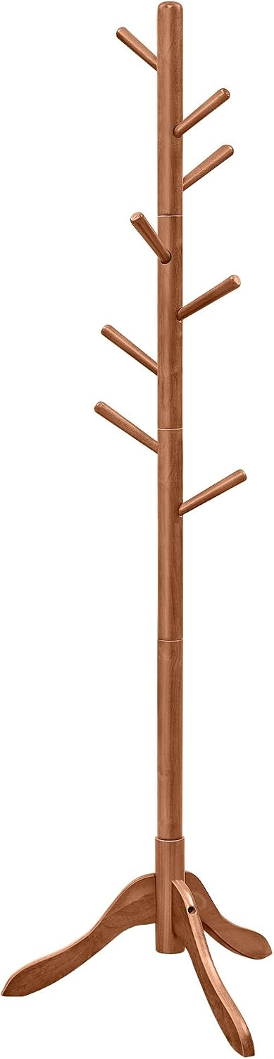 SONGMICS HOME Freestanding Coat Rack, Solid Wood, 8 Hooks, for Living Room, Bedroom, Home Office, 20.4 x 17.7 x 68.9 Inches, Dark Walnut
