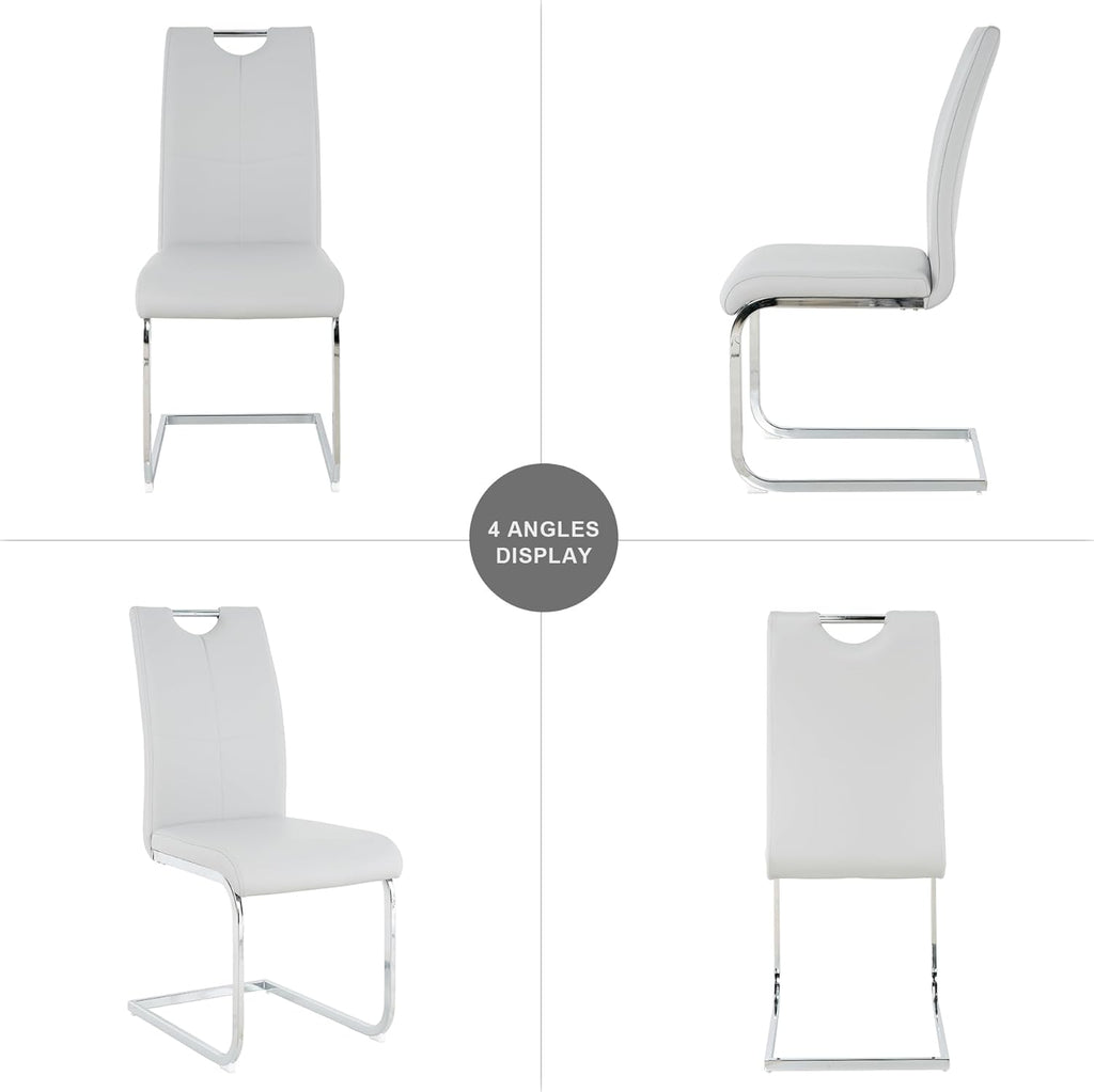 9 Piece Dining Table Set, 68.11" Dining Table and Chairs Set for 8, Modern Faux Marble Dining Table with 8 Grey Leather Chairs, White Kitchen Table with Silver Stainless Steel Base for Kitchen