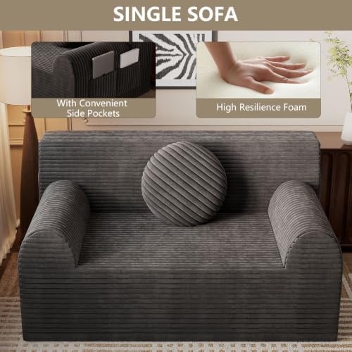 42" Boneless Oversized Chair with Side Pocket, Sofa Small Single Couch in a Box, Deep Seating Boneless Chair for Bedroom Living Room Office Apartment, No Assembly, Dark Grey