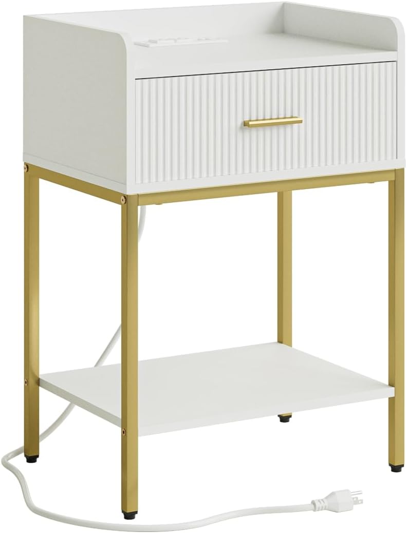 Nightstand with Charging Station, 3-Tier Bed Side Table, Small End Table, Night Stand with Open Shelf and Drawer, Bedside Table for Bedroom, Living Room, White