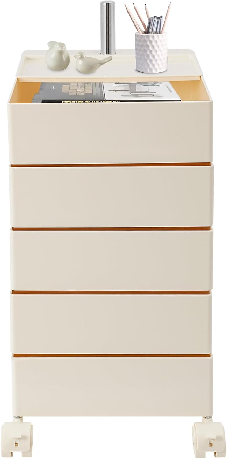 360° Rotating Side Table with 5 Drawers, Movable Storage End Table Sofa Side Cabinet with 4 Universal Casters With Brakes, Rotating Storage Rack 16.3*12.4*24in for Living Room, Bedroom, Office (White)