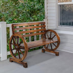 Rustic 2 Person Wooden Wagon Wheel Outdoor Bench, Solid Fir Wood Patio Garden Bench with Slatted Seat & Backrest, Brown Vintage Yard Leisure Chair